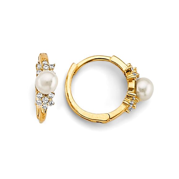 New 14K Yellow Gold Huggies Earrings with Pearls Bridal wedding
